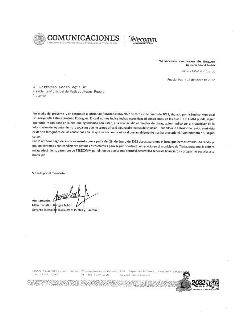 Telecom comunicado Tlatlauquitepec