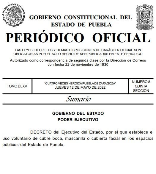 Decreto VOLUNTARIO uso de cubrebocas Puebla