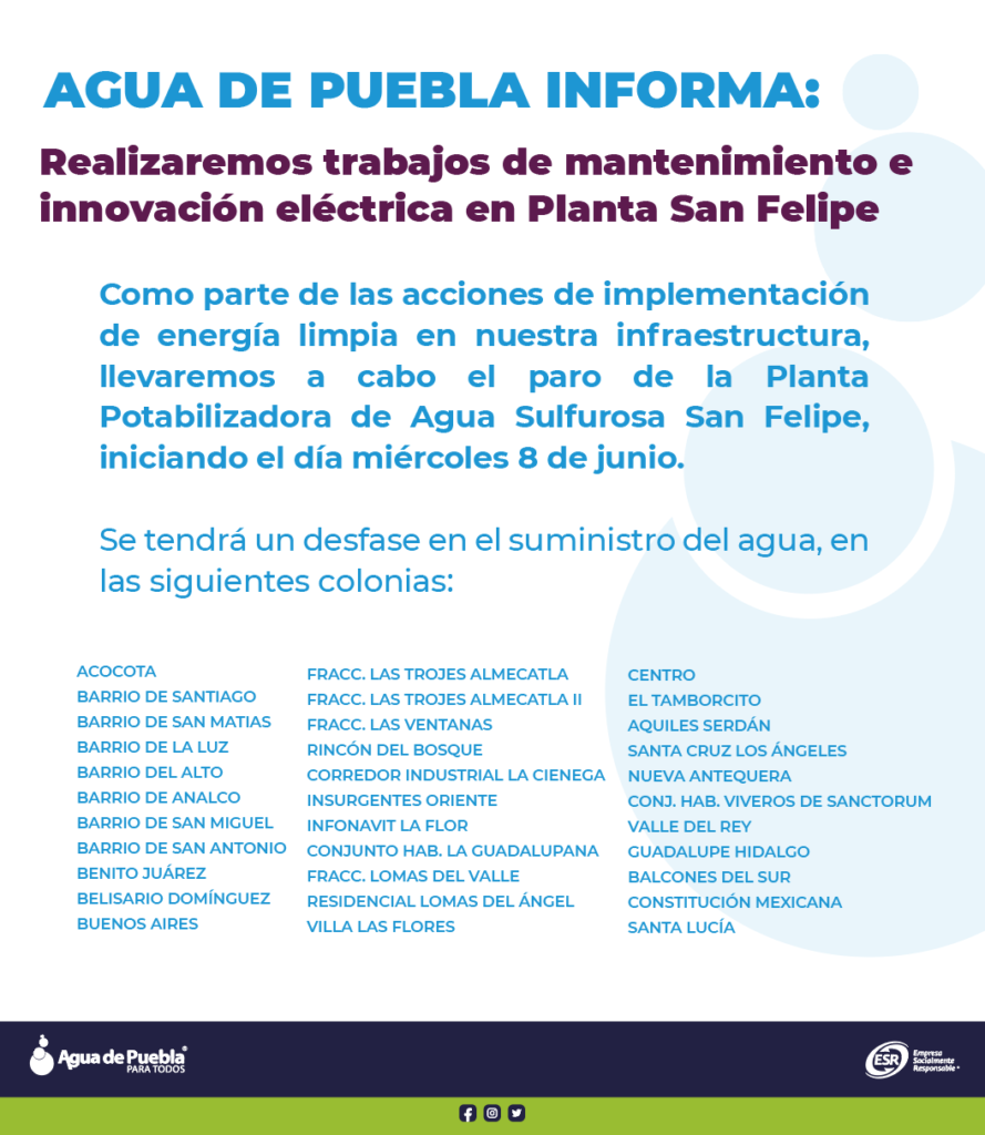 Anuncian reduccion de agua para este jueves en 33 colonias de Puebla