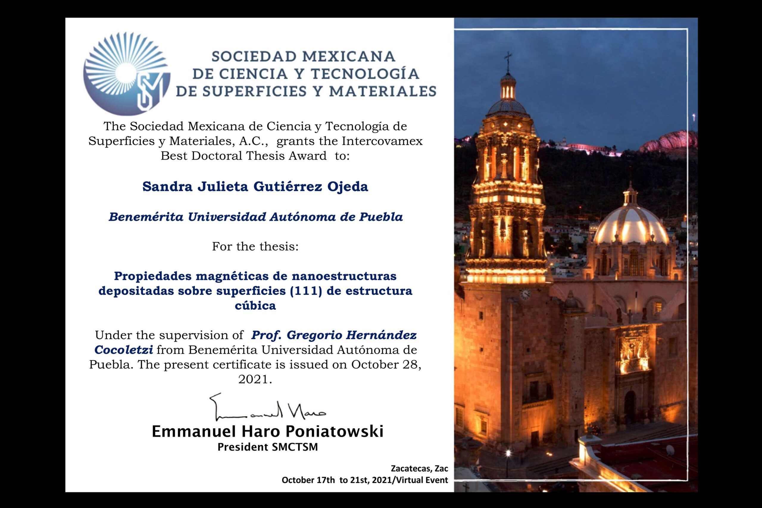 premio Intercovamex best octoral hesis award egresada IFUAP