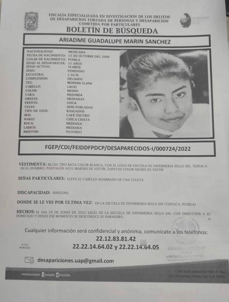 Se busca a Ariadme Guadalupe Marin Sanchez desaparecio en Tepeaca