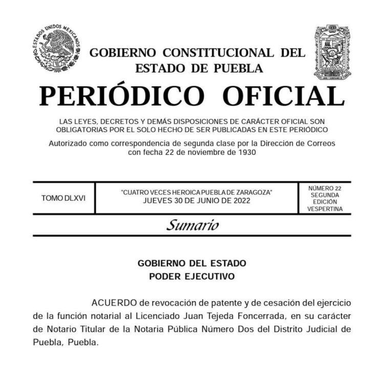 Revocan patente en Notaría 2 en Puebla