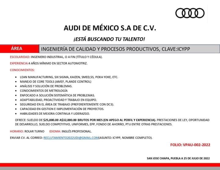 Audi abre vacantes para planta en Puebla