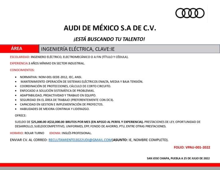 Audi abre vacantes para planta en Puebla