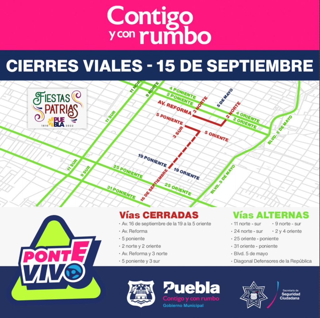 Estas son las vialidades en Puebla que se cerraran por el 15 de septiembre