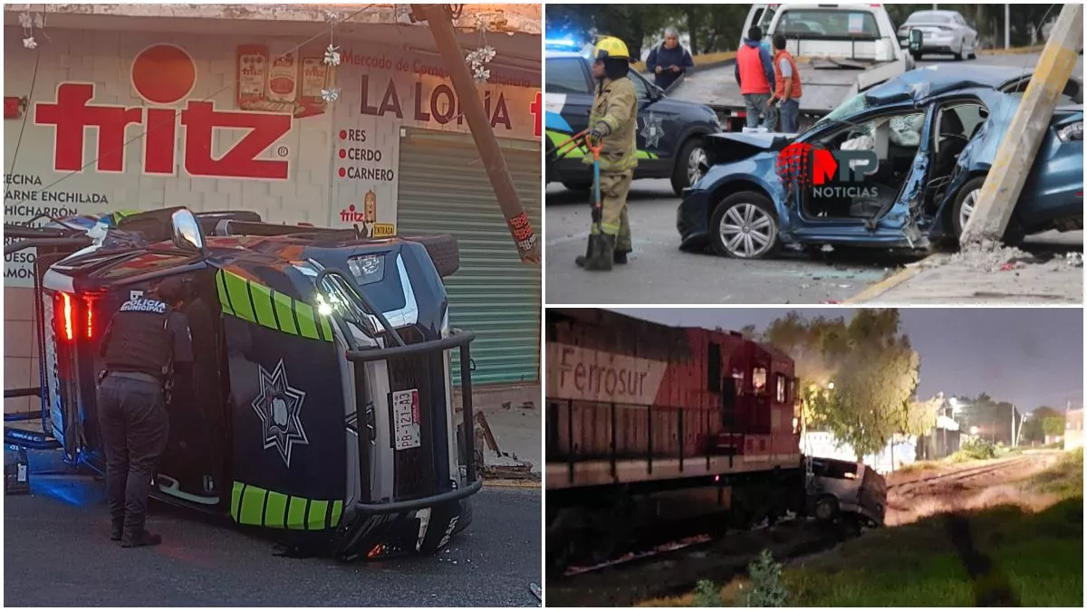 Mañana accidentada: un prensado, patrulla volcada y tren embiste camioneta en Puebla