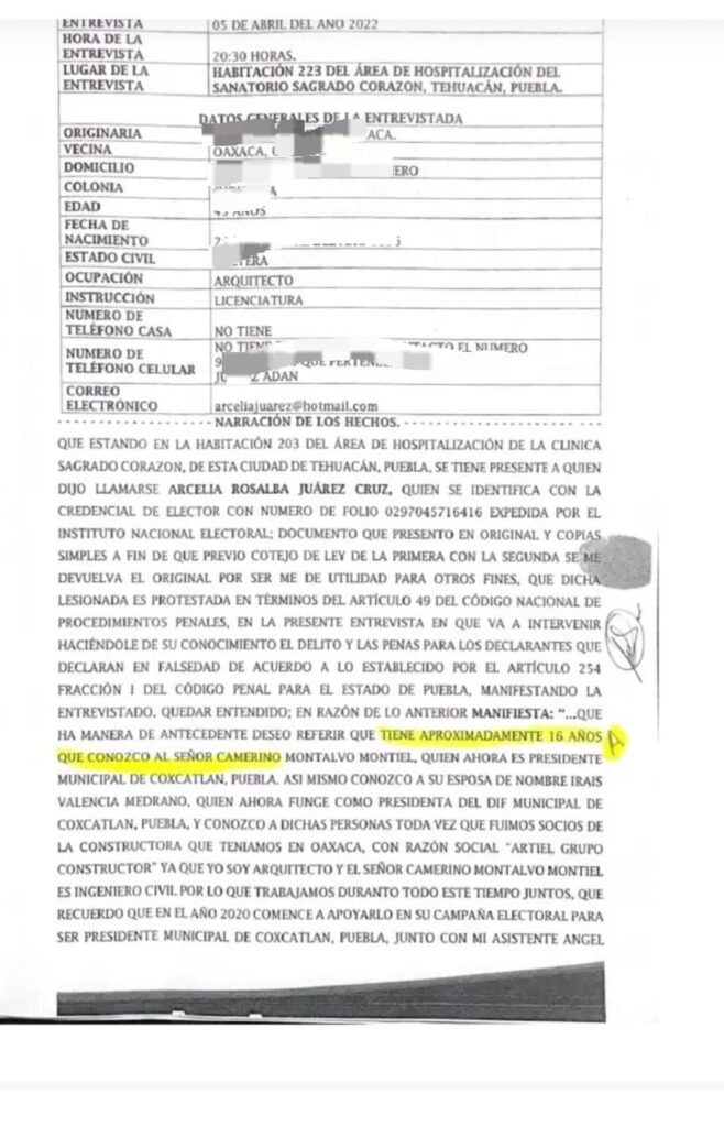 Documento de denuncia ante Fiscalía Puebla contra Camerino Montalvo