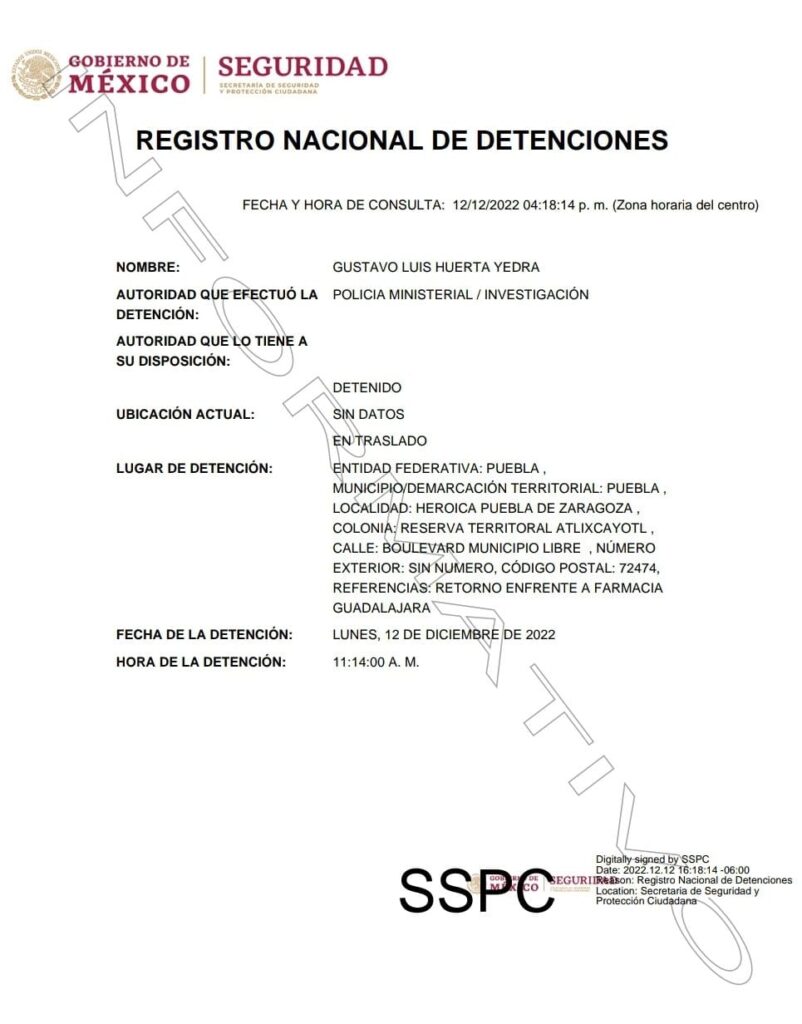 La confirmación de la detención de Gustavo Huerta Yedra