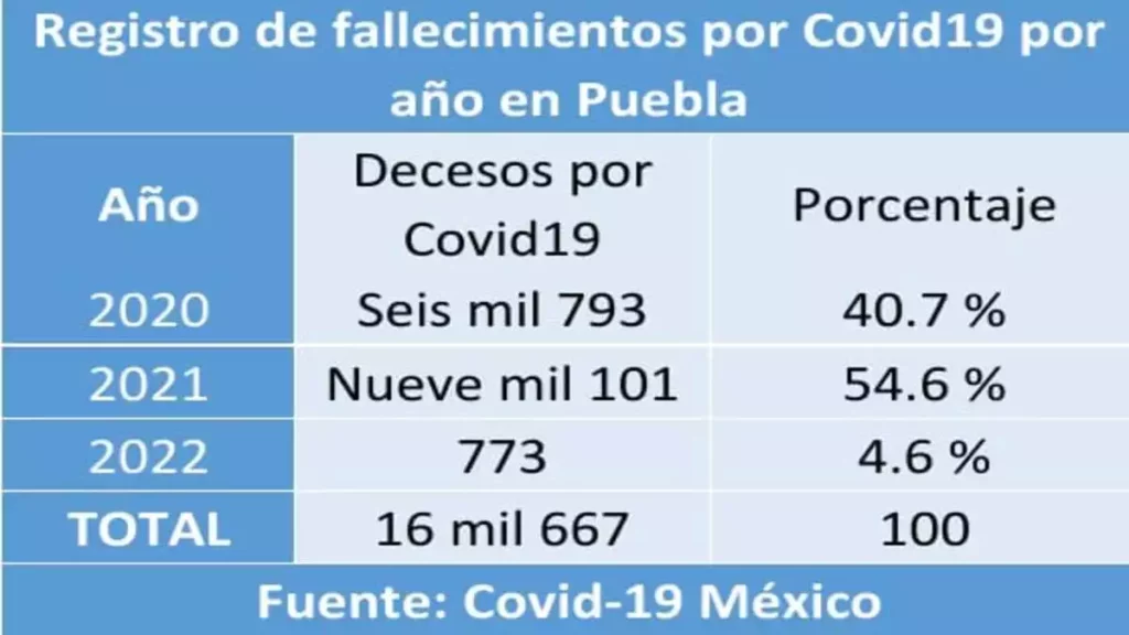 Tabla de fallecimientos por Covid 19 por año en Puebla