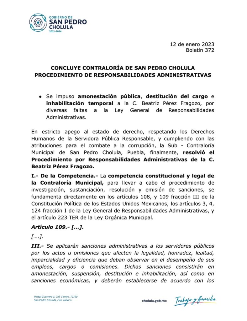 Documento destitución regidora Cholula, Puebla