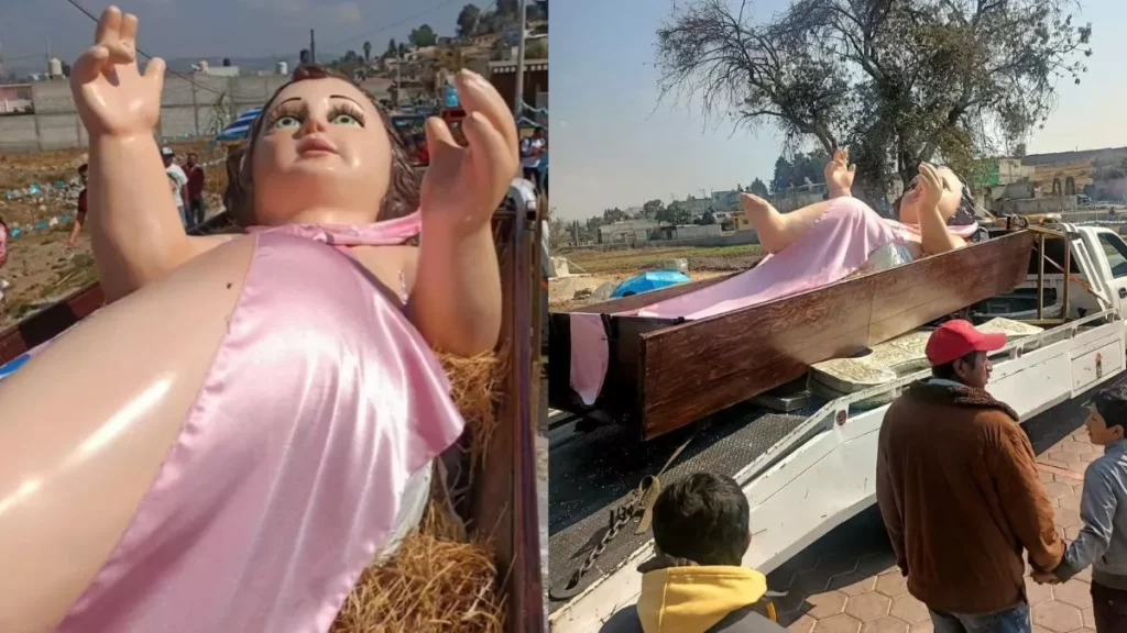 Niño Dios gigante en Tlaxcala lo trasladan en grúa