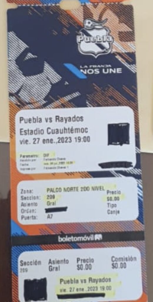 Boleto para partido del Puebla