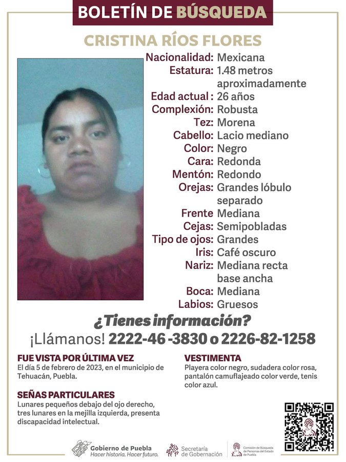 Boletín mujer desaparecida en Tehuacán