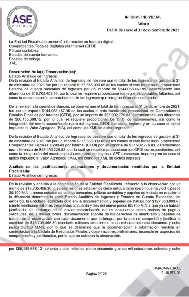 El informe de la ASE Puebla en el que documenta que no encontró 16.7 MDP.