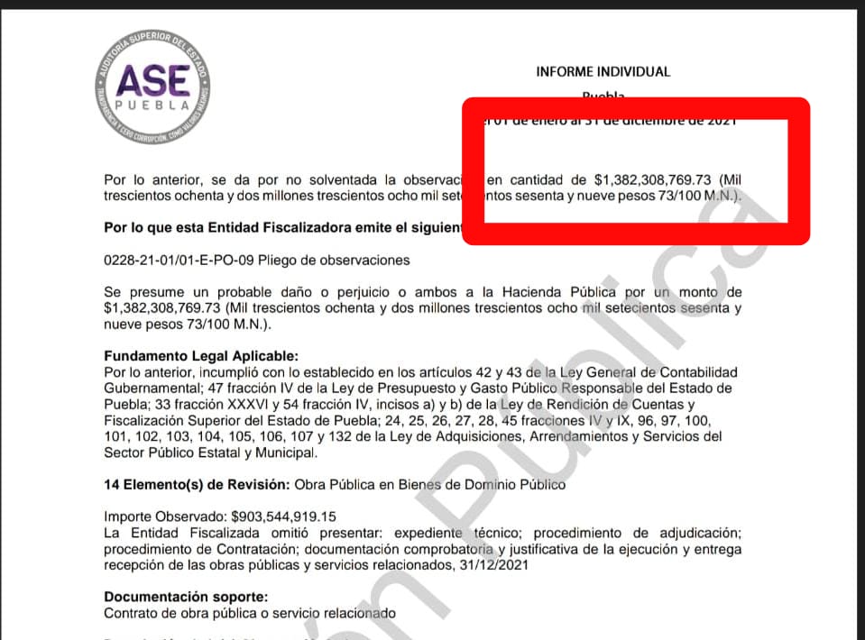 La observación con la cifra más alta que emitió la ASE a la cuenta pública 2021 del Ayuntamiento de Puebla.
