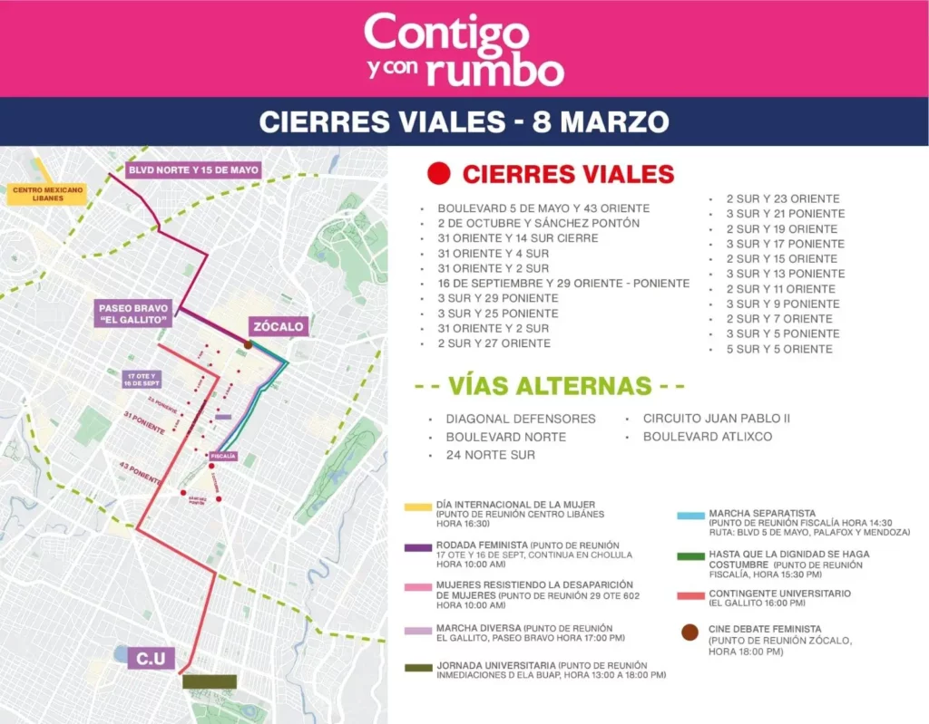 Mapa de cierre viales 8M en Puebla