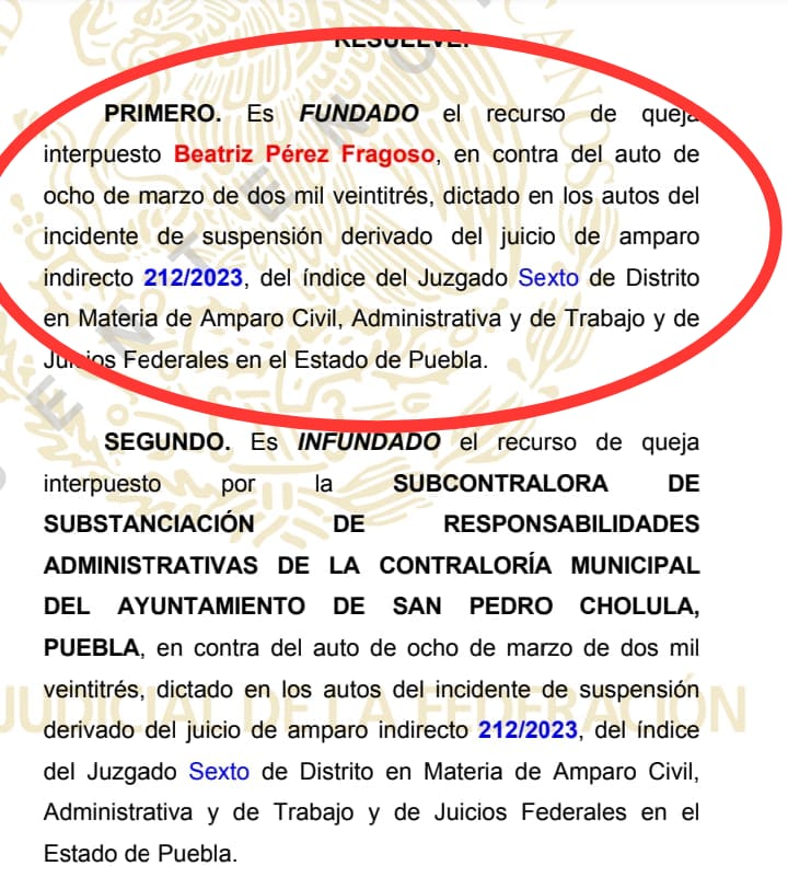Resolución del Tercer Tribunal Colegiado en materia administrativa para solicitar que se paralice la destitución de la regidora de San Pedro Cholula, Beatriz Pérez