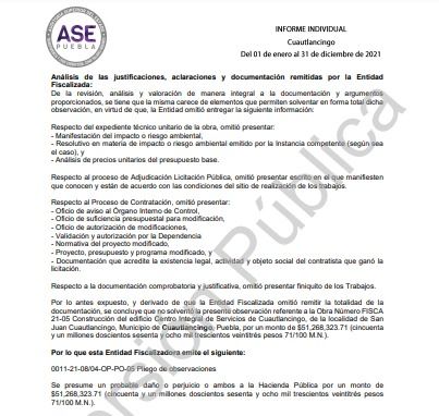 Daño patrimonial por 75.1 millones detecta ASE a Cuautlancingo; sospechan que CIS se construyó con empresa 'fantasma'