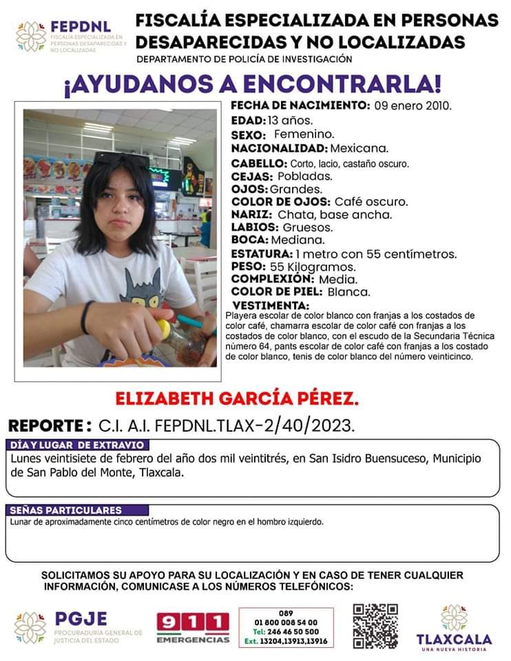 boletín de búsqueda menor desaparecida Puebla-Tlaxcala