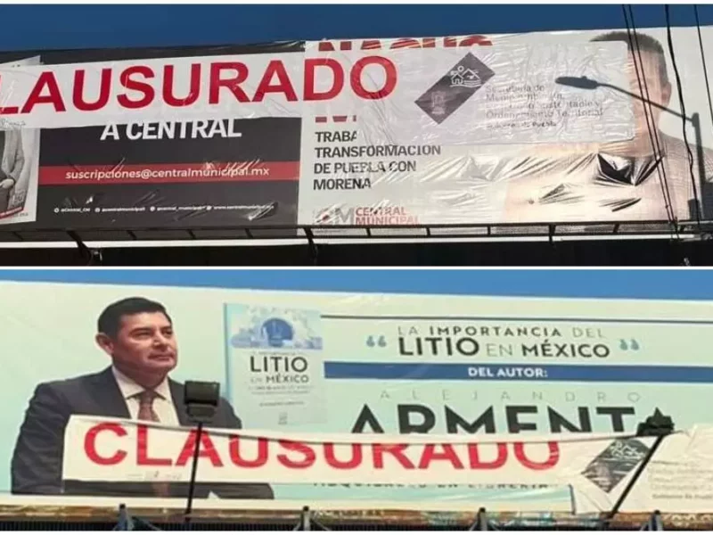 Clausuran espectaculares que promocionan a los primos Mier y Armenta en Puebla