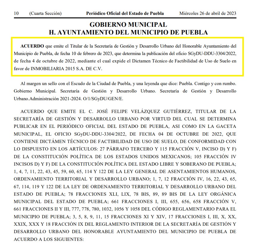Ayuntamiento de Puebla autorizó el dictamen de uso de suelo