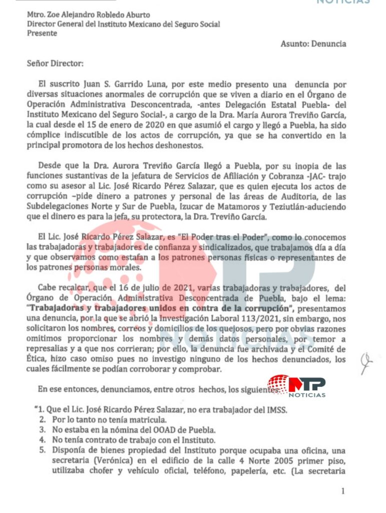 Carta de denuncia dirigida a Zoé Robledo