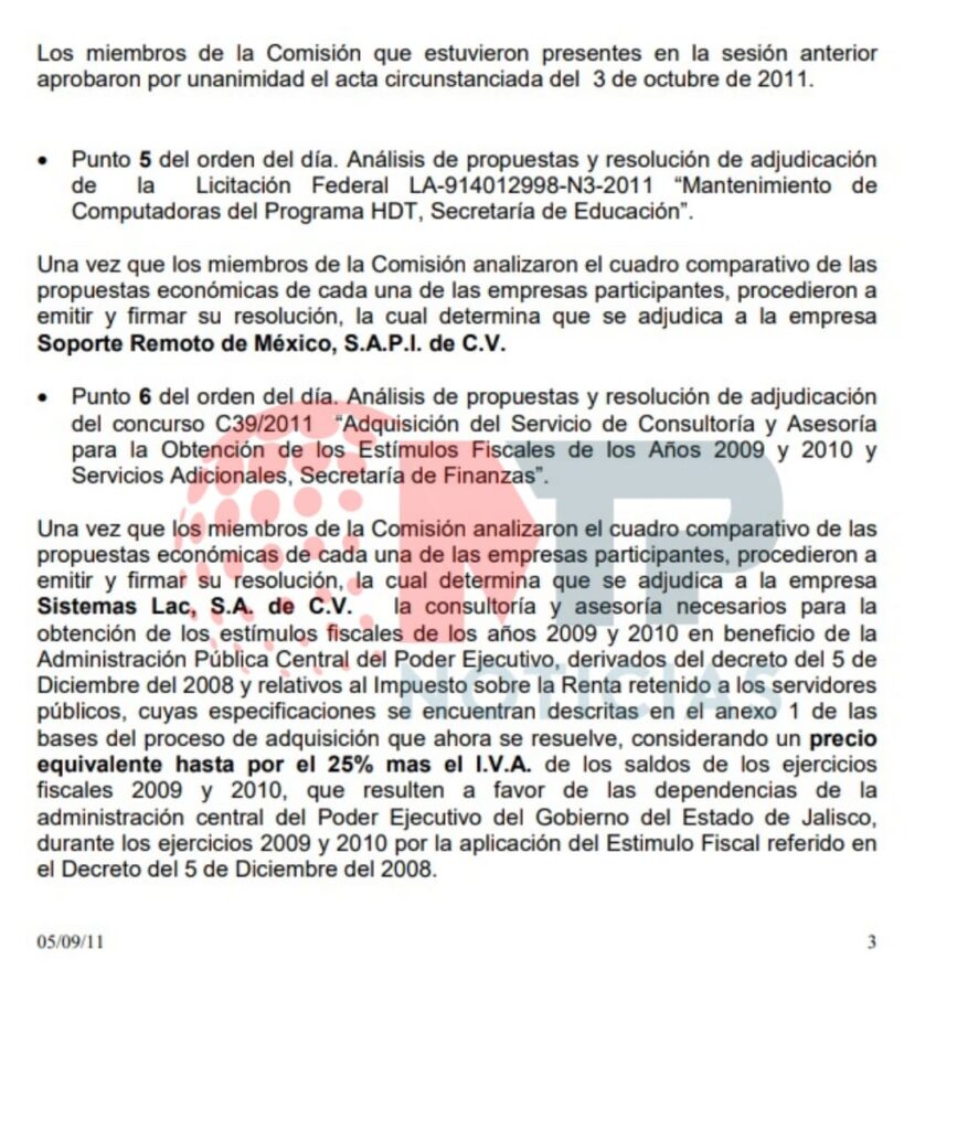 Contrato otorgado por el gobierno de Jalisco en 2011