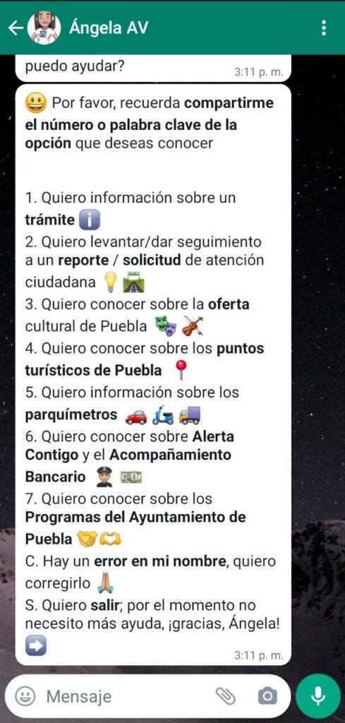 Menú de siete opciones de servicio de 'Ángela' asistente virtual Puebla.