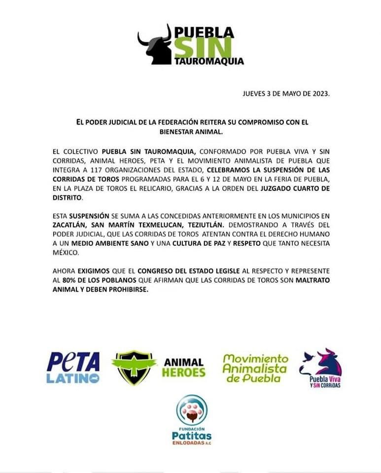 Comunicado  de la suspensión de corridas de toros para la Feria de Puebla