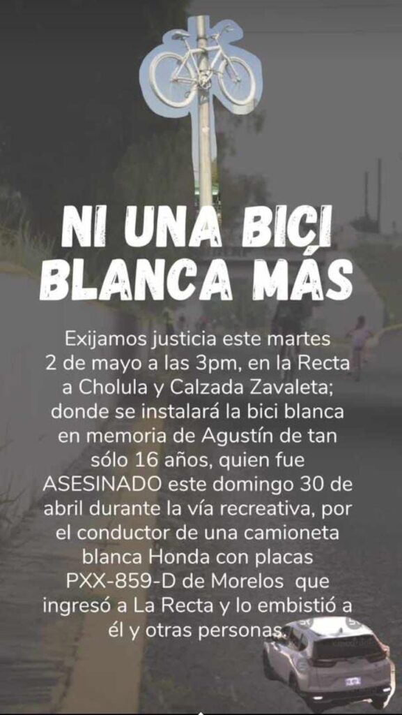 Convocatoria para colocar bici en memoria de menor atropellado en Vía Recreativa Puebla.