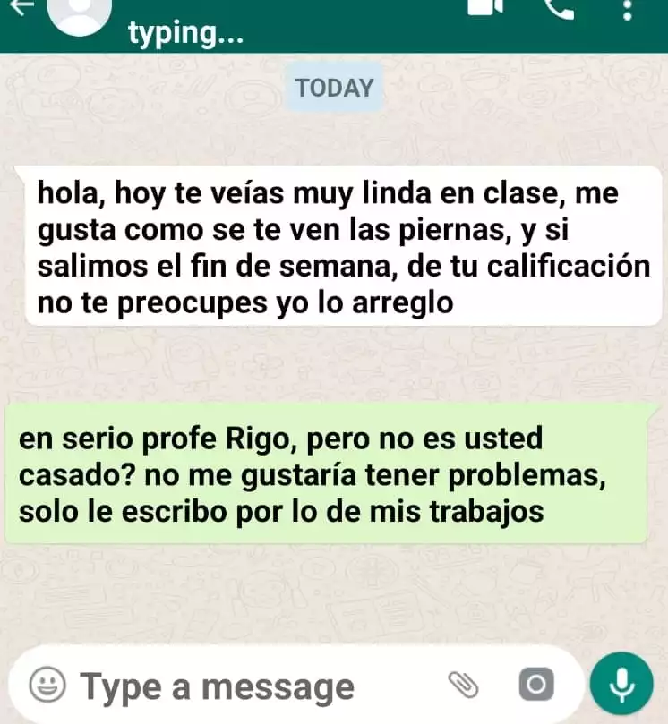Captura de pantalla, mensaje de conversación de WhatsApp entre alumna y profesor