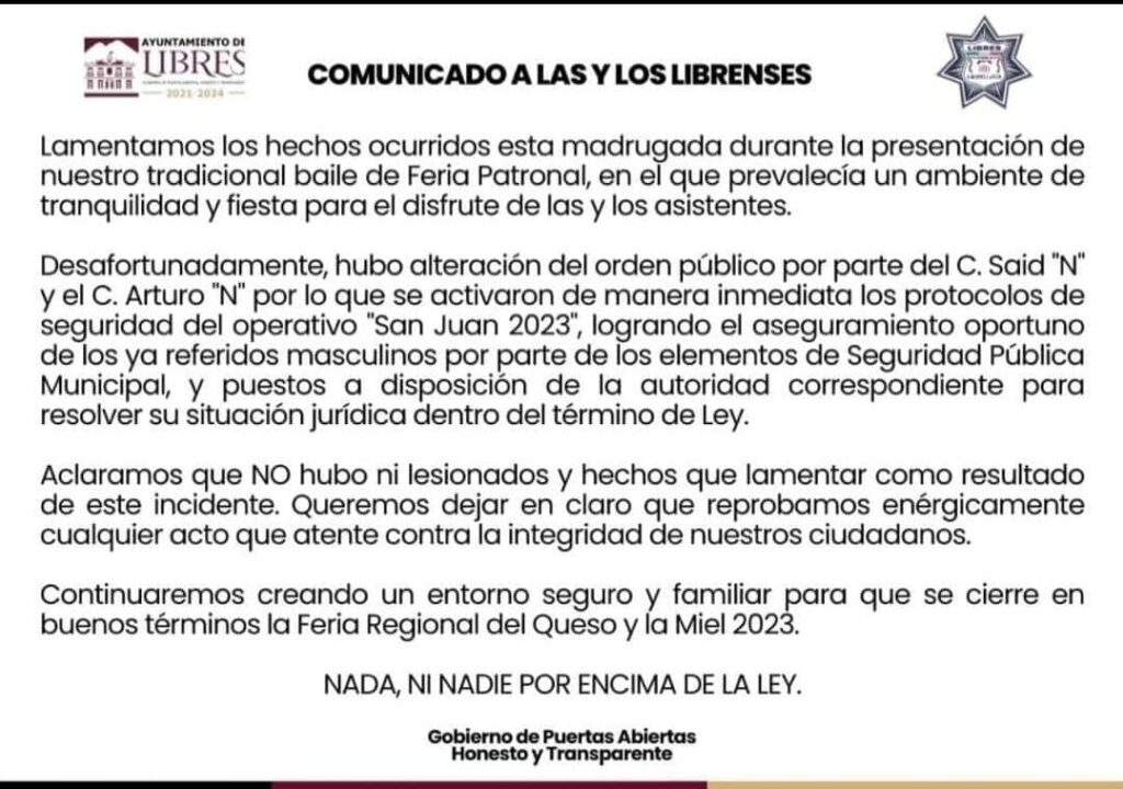 Comunicado del municipio de Libres