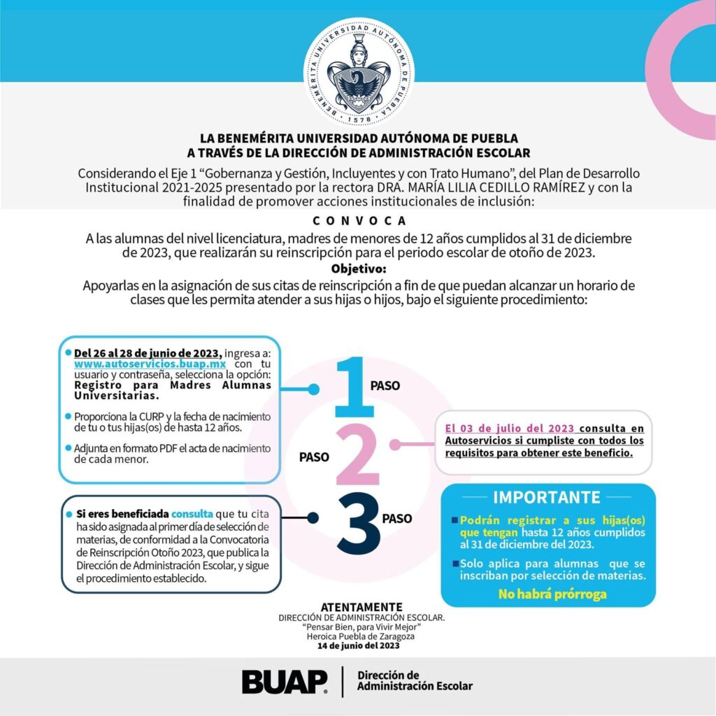 La BUAP emitió una convocatoria para que las medres pueda elegir sus horarios academicos