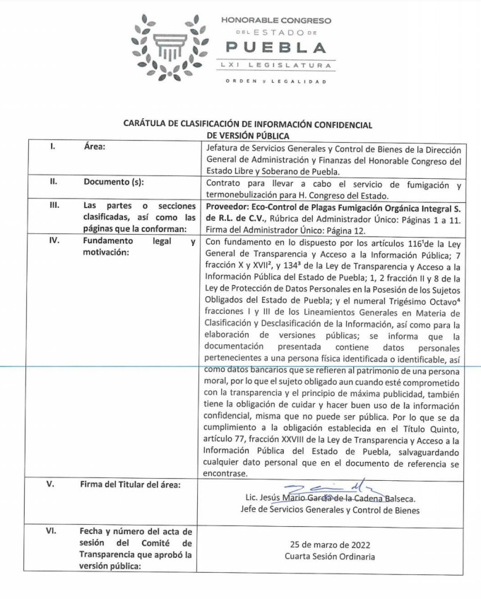 Uno de los contratos por sanitización en el Congreso de Puebla