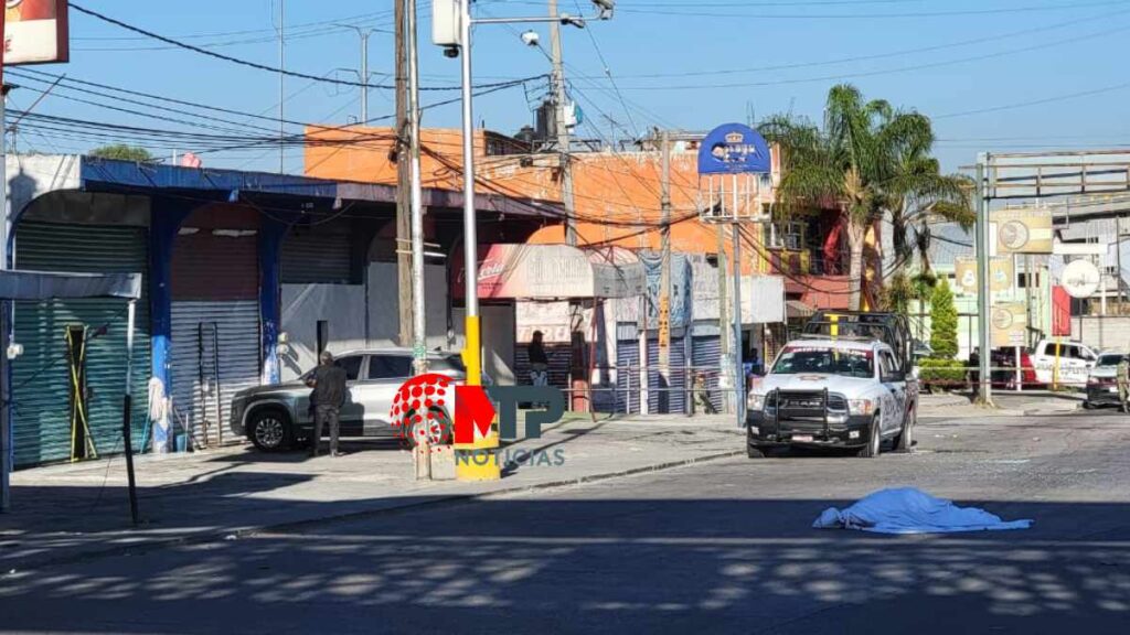 Policías estatales resguardan zona donde mataron a 4 en Amozoc, Puebla.