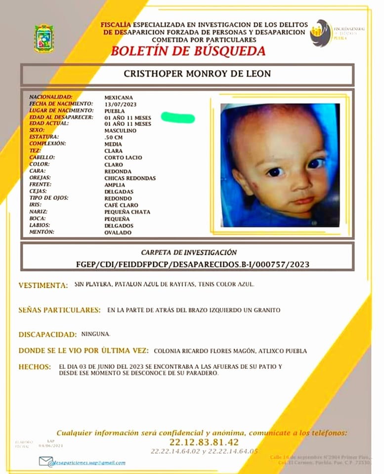 Boletín de búsqueda de bebé desaparecido en Atlixco.