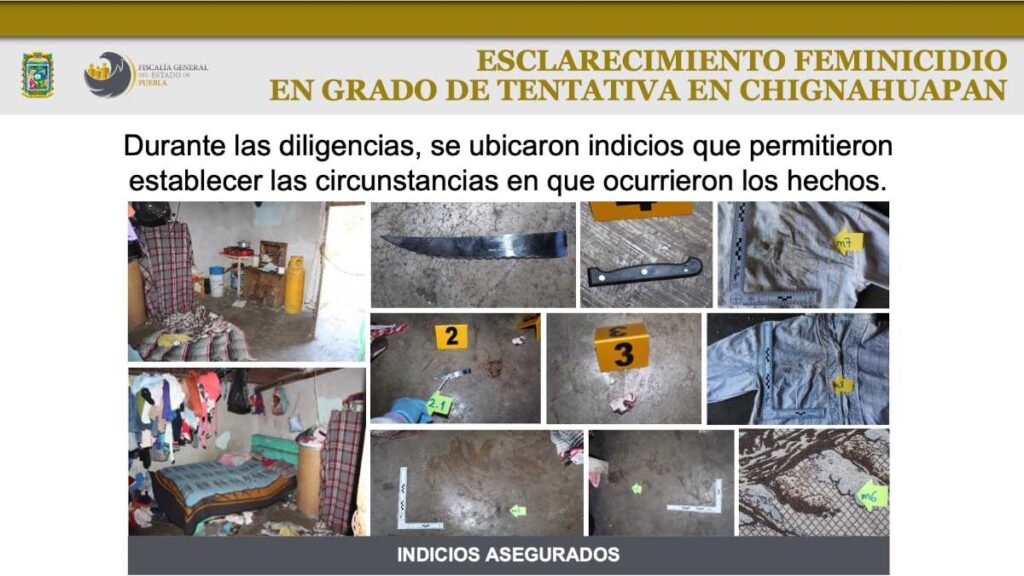 Indicios asegurados en cateo de casa donde una mujer apuñaló a su hija en Chignahuapan, Puebla.