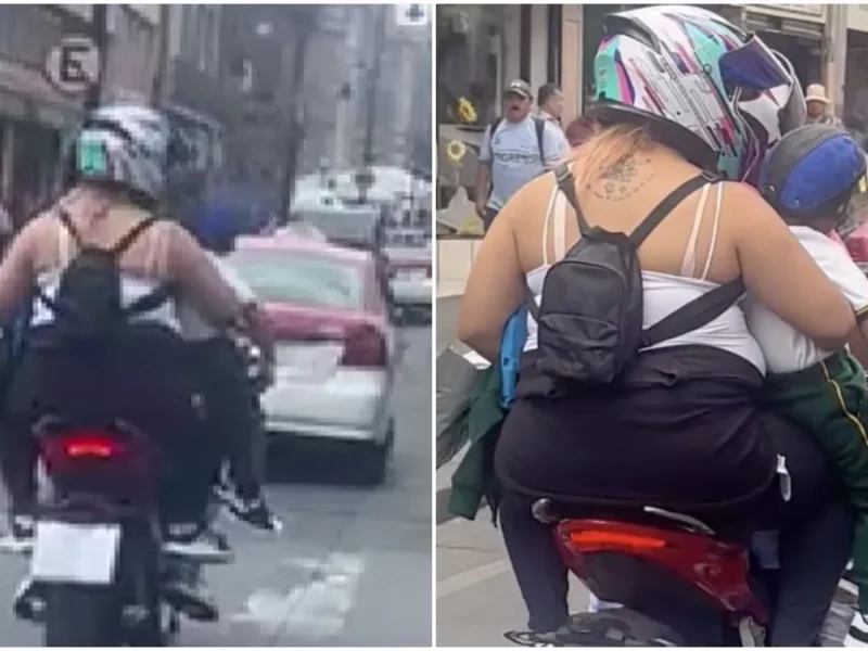 ¡Indignante! Mujer lleva a su hijo en una moto y lo carga solo con un brazo