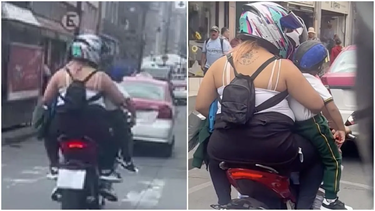¡Indignante! Mujer lleva a su hijo en una moto y lo carga solo con un brazo