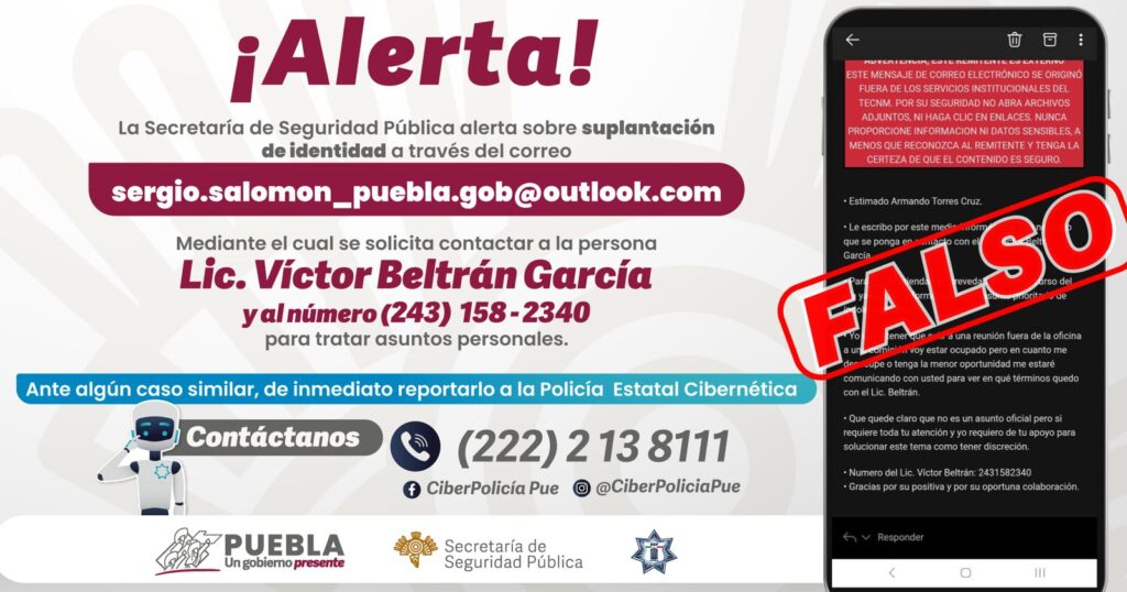 Policía Cibernética alerta suplantación de identidad del gobernador Sergio Salomón para enviar correos a trabajadores.