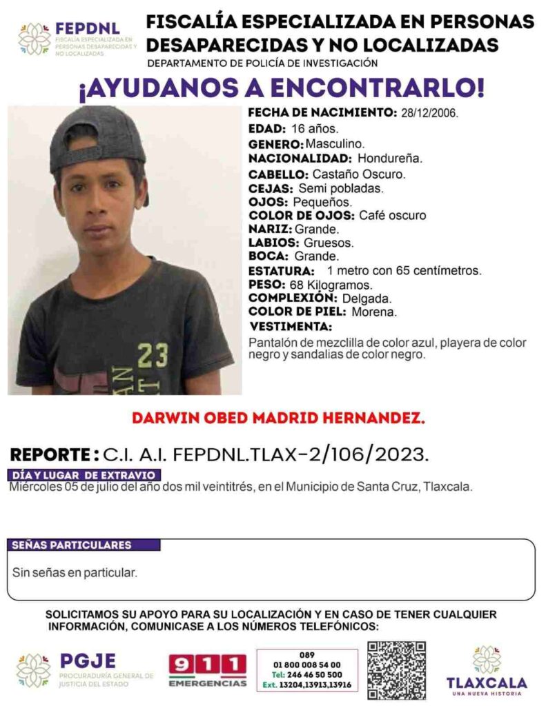 Darwin adolescente migrante desaparecido en Tlaxcala.