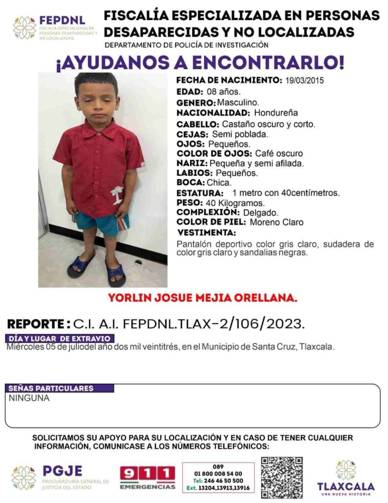 Niño Yorlin, migrante desaparecido en Tlaxcala