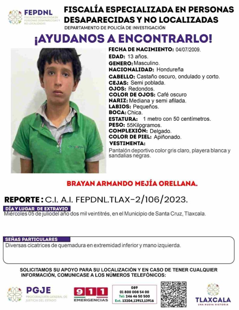 Brayan, niño migrante desaparecido en Tlaxcala