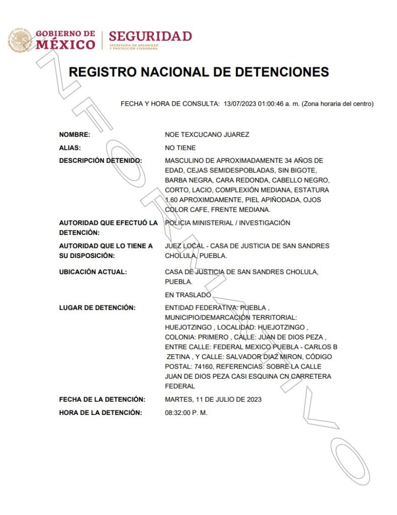 Registro Nacional de Detenciones de extesorero de edil de Huejotzingo, Puebla.