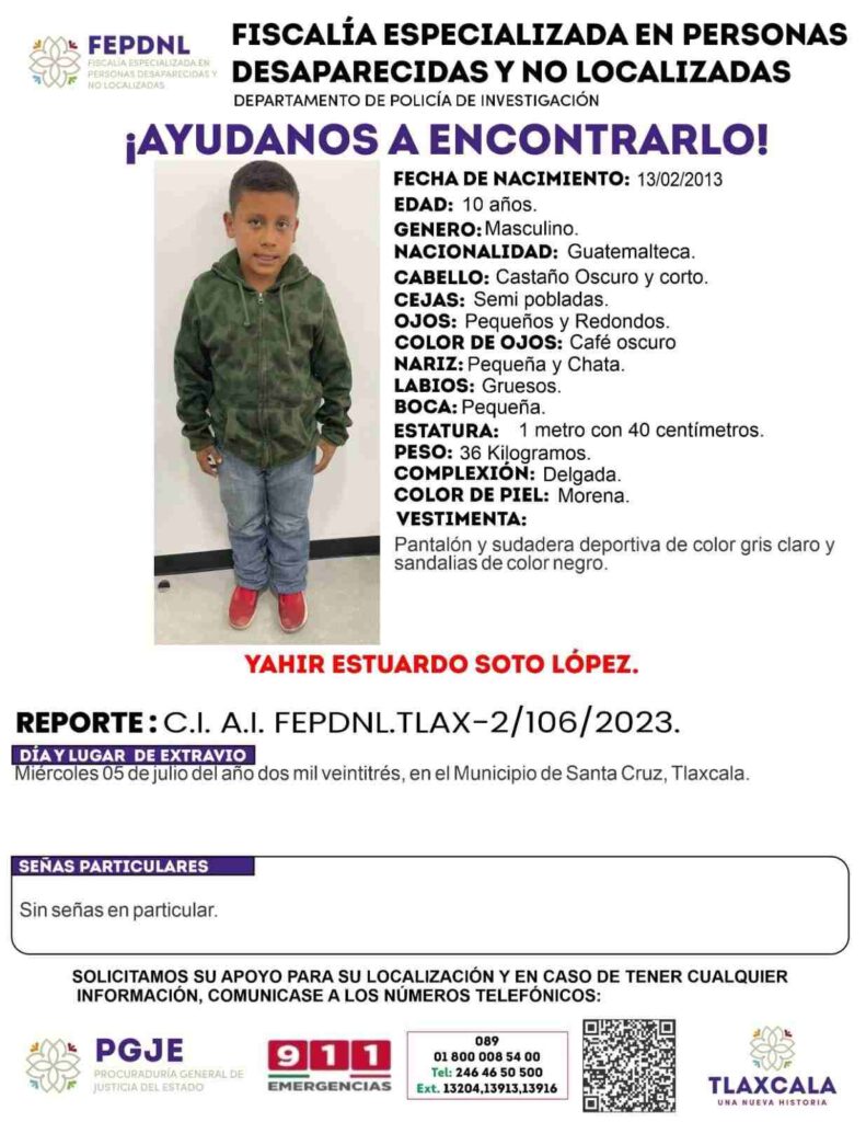 Yahir, niño migrante desaparecido en Tlaxcala