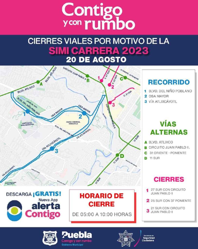 Cierre de calles en Puebla por la Simi carrera 2023.