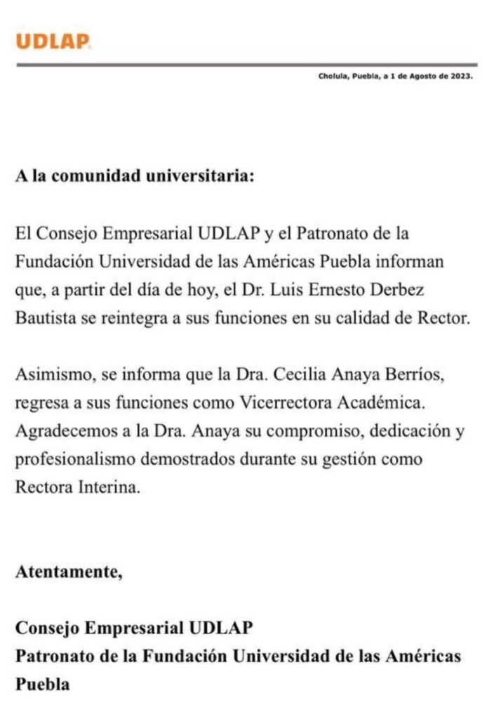 Ahora Luis Ernesto Derbez regresa como rector a la UDLAP: ¿sigue investigación en su contra?