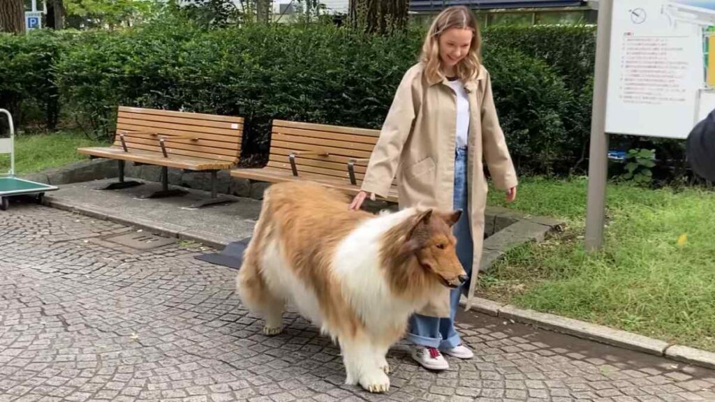 Hombre con difraz realista de perro pasea por un parque de Japón con una mujer.