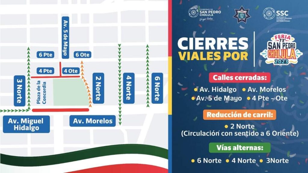 Croquis de cierres viales en San Pedro Cholula.