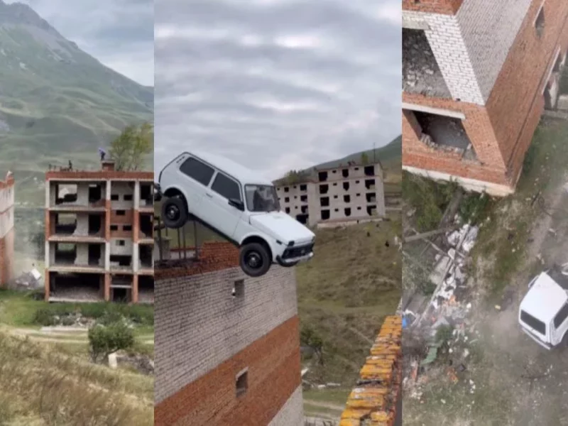 Hombre cae con auto de edificio abandonado en Rusia